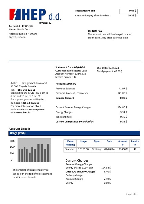 Croatia Hrvatska Elektroprivreda electricity business utility bill inword and pdf formats(2)